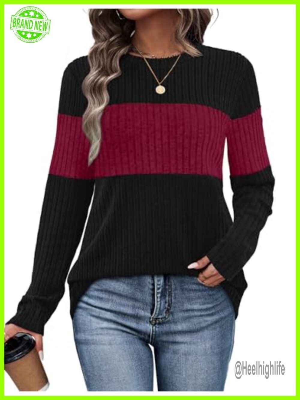 Womens Lightweight Color Block Sweater Long Sleeve Crew Neck Tunic Top
